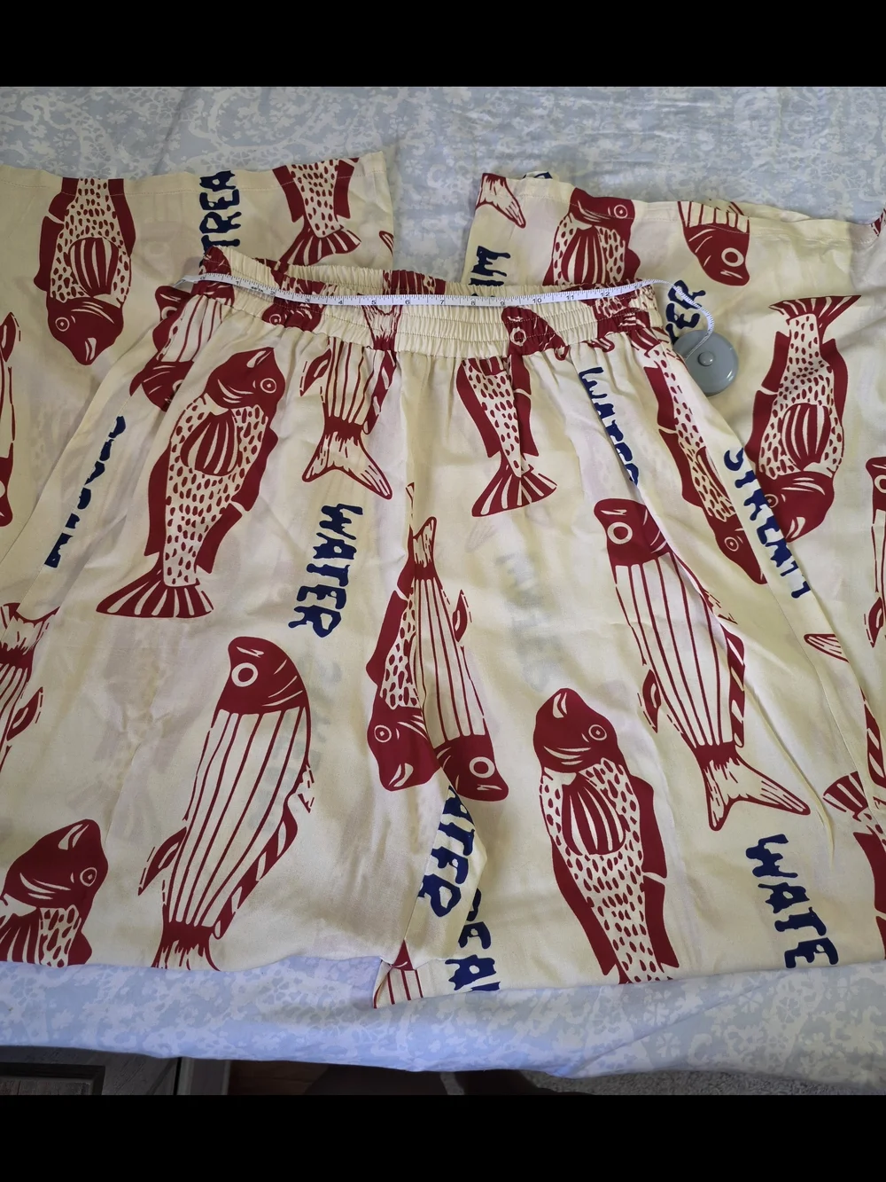 Like New Cream Pants with Red Fish Print, Feels Like Linen